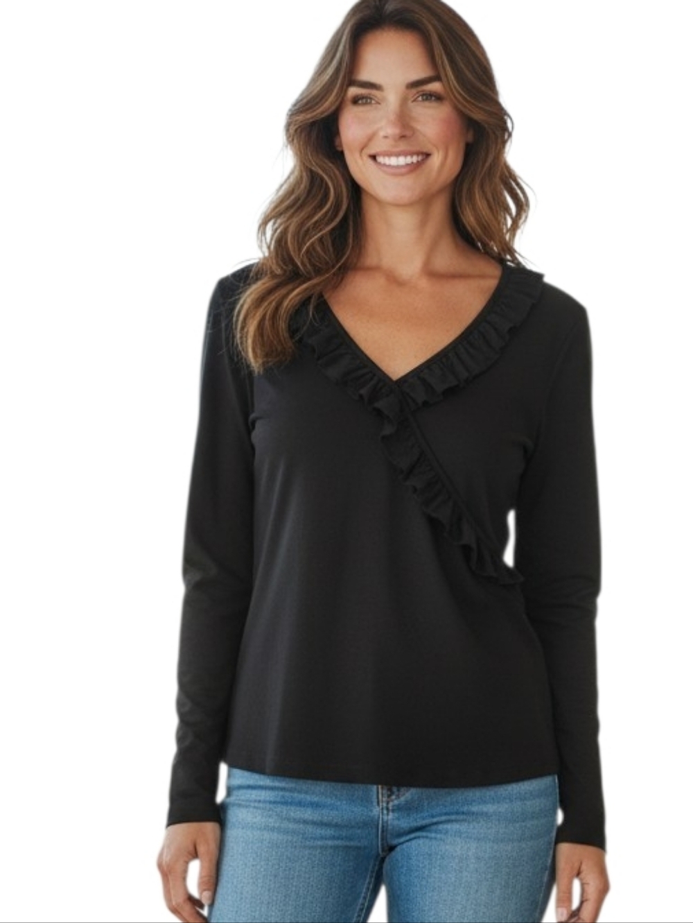 Ann Taylor Black Ruffle V-Neck Long Sleeve Top - Women's Size XSP